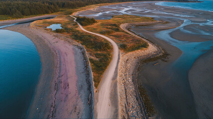 Winding Dirt Road Through Coastal Landscape with Sandy Beach, Tidal Flats, and Forest Background