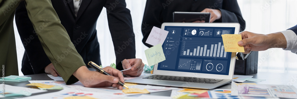 Poster analyst team use sticky note for creative and analytic brainstorm for business idea with bi data das