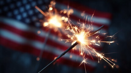 American flag with sparklers on July 4th and Independence Day celebrations