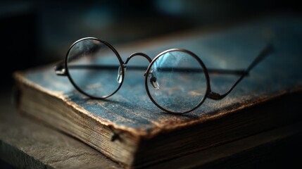 Delicate glasses rest on an aged book, blending intellect with the passage of time in quiet contemplation.