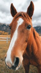 Naklejka premium Close-up View of a Brown Horse With White Stripe in a Mountain Valley Setting