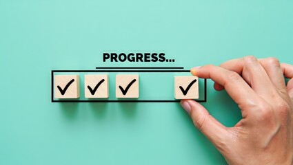 Checklist and task progress tracking concept. A hand placing the final checkmark on wooden blocks in a progress bar, task completion, productivity, goal setting, and efficient project management.