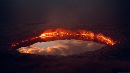 A fiery landscape with molten lava surrounds a glowing crater, blending the fierce power of nature with the soft reflection of sky.