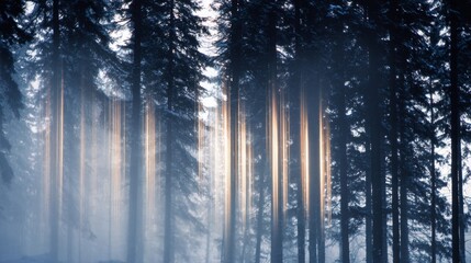 Ethereal beams of sunlight pierce through towering forest trees, creating a mystical blend of light and shadows in the morning mist.