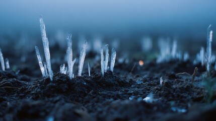 Tiny ice crystals in soil form a striking pattern, showcasing the fragility and beauty of nature in a cold landscape.