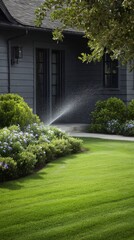Lawn Watering System in Action During Bright Sunny Day.