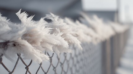 Delicate frost crystals adorn a fence in this serene winter scene, with soft focus emphasizing the ethereal beauty of the ice formations.