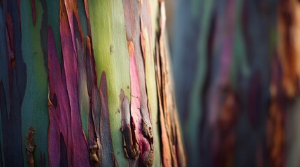 The peeling bark of a rainbow eucalyptus reveals vibrant, multicolored layers, showcasing nature's artistry with its kaleidoscope of hues and textures.
