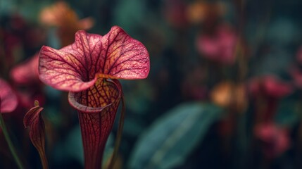 A striking pitcher plant flower with deep red veins and intricate patterns, set against a blurred background of greenery in a mysterious garden.