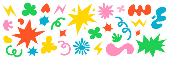 Obraz premium Abstract clouds and flowers shapes sticker set. Flat illustrations. Groovy flowers, bubbles, stars