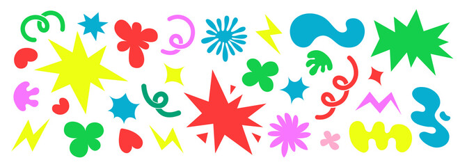 Abstract clouds and flowers shapes sticker set. Flat  illustrations. Groovy flowers, bubbles, stars