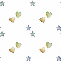 Watercolor pattern featuring colorful hearts and stars on a seamless white background