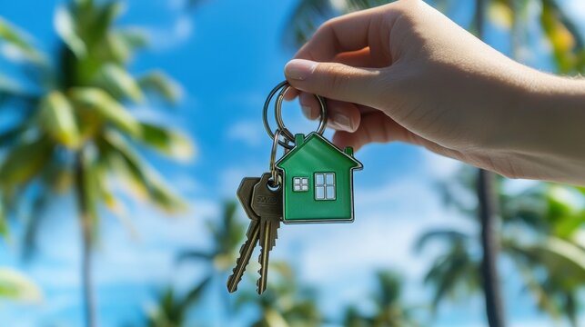 Hand Holding House-Shaped Keychain and Keys Against a Tropical Beach Background