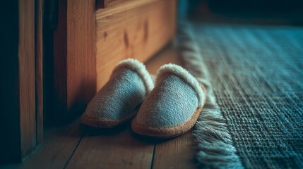 Cozy slippers rest on a wooden floor beside a textured rug, evoking a sense of home and warmth in a dimly lit interior.