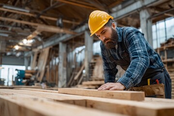 Skilled carpenter measuring wood in a workshop during the daytime