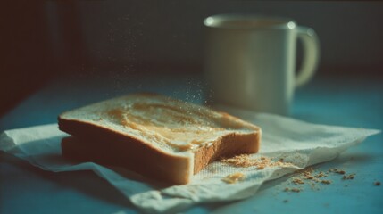 Freshly prepared toast with butter and a steaming coffee cup create a cozy morning scene, perfectly capturing a simple, warm breakfast moment.