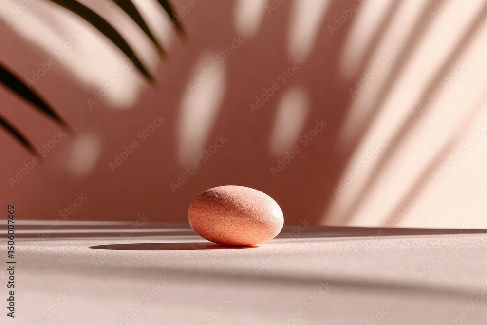 Poster soft peach egg resting on a smooth surface with shadows from palm leaves in a warm setting
