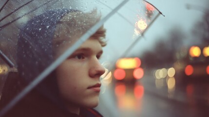 A young man under a transparent umbrella gazes pensively at the blurred, rainy urban landscape.