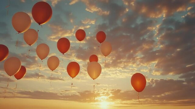 Colorful balloons float against a sunset sky, creating a vibrant and joyful atmosphere.
