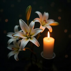 Fototapeta premium Elegant white lilies and glowing candle