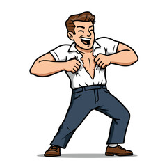 A playful man with a ripped shirt showing off his muscles and expressing confidence
