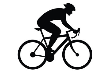 a cyclist riding a bicycle, athletic muscular male figure in silhouette, minimalist black and white vector illustration, dynamic cycling pose, speed motion blur, high contrast graphic design

