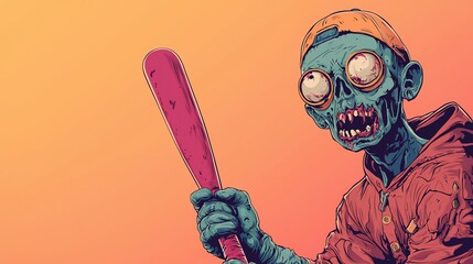 Vibrant cartoon zombie in a baseball cap wielding a pink bat, depicted in an edgy street art style against a bold orange backdrop, capturing a playful yet eerie vibe