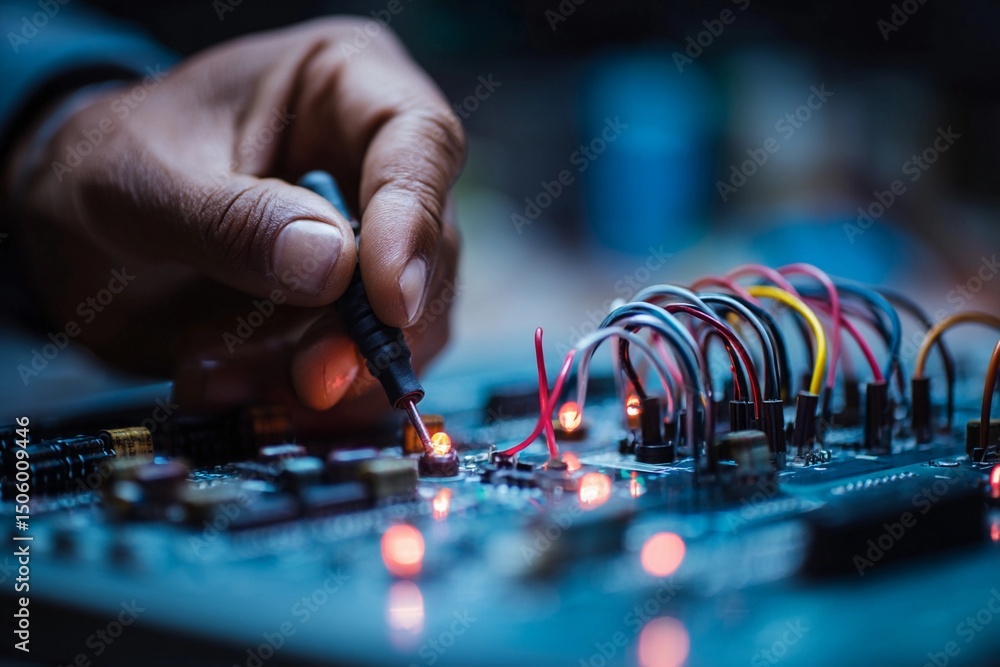 Aufkleber technician testing circuits on a printed circuit board with a multimeter at night