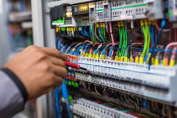 Electrician working on a control panel with colorful wiring in a commercial building