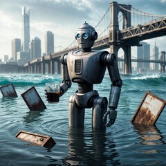 robot holding polluted water container in sunken futuristic city with floating debris for use in environmental disaster concepts and sci fi storytelling