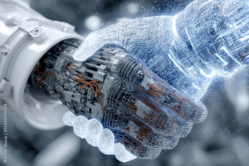 Poster robotic and human hands shaking in a futuristic technological setting reflecting collaboration