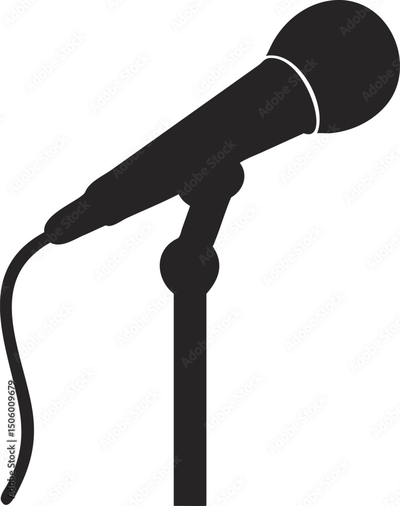 Poster minimalist black microphone on stand vector illustration for performance audio recording and public 