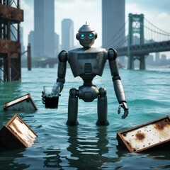flooded megacity with robot standing in dirty water and submerged billboards for use in climate crisis illustrations and dystopian visuals