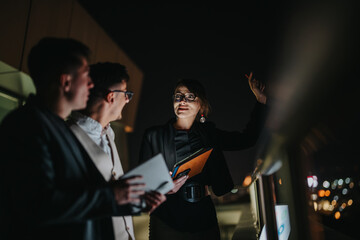 Obraz premium Three business people engage in an outdoor meeting late at night. The atmosphere is focused and collaborative as they discuss important matters under the night sky.