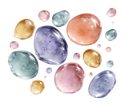 Colorful gelatinous droplets abstract digital vibrant environment top view serenity isolated on transparent background