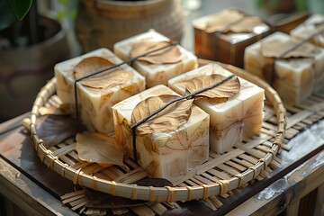 Traditional herbal soaps on leaf base high resolution picture