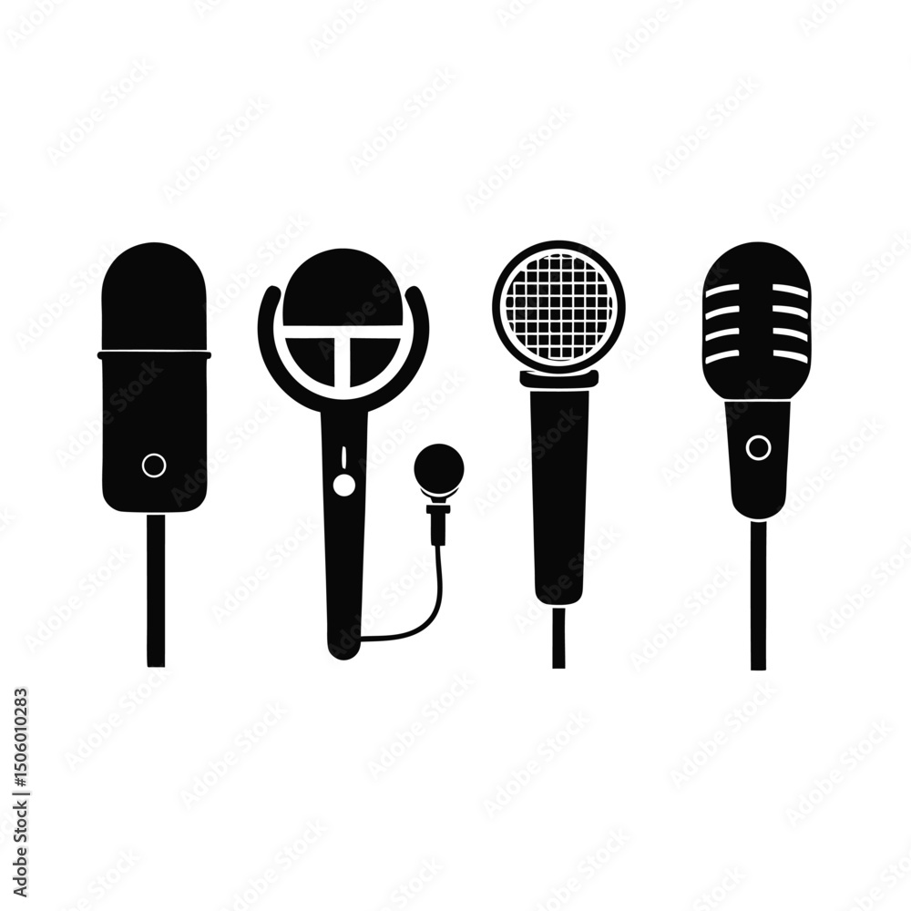 Poster collection of black and white microphone icons for recording podcasting singing and audio production