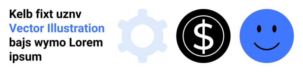 Fototapeta premium Gear, black dollar coin, and blue happy face suggest themes thumbs up teamwork, financial success, and happiness. Ideal for business, finance, positivity, productivity teamwork creativity simple