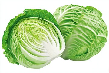 Fototapeta premium Fresh Napa Cabbage Heads - Two whole heads of fresh, crisp Napa cabbage, one cut in half to show the inside, isolated on a white background