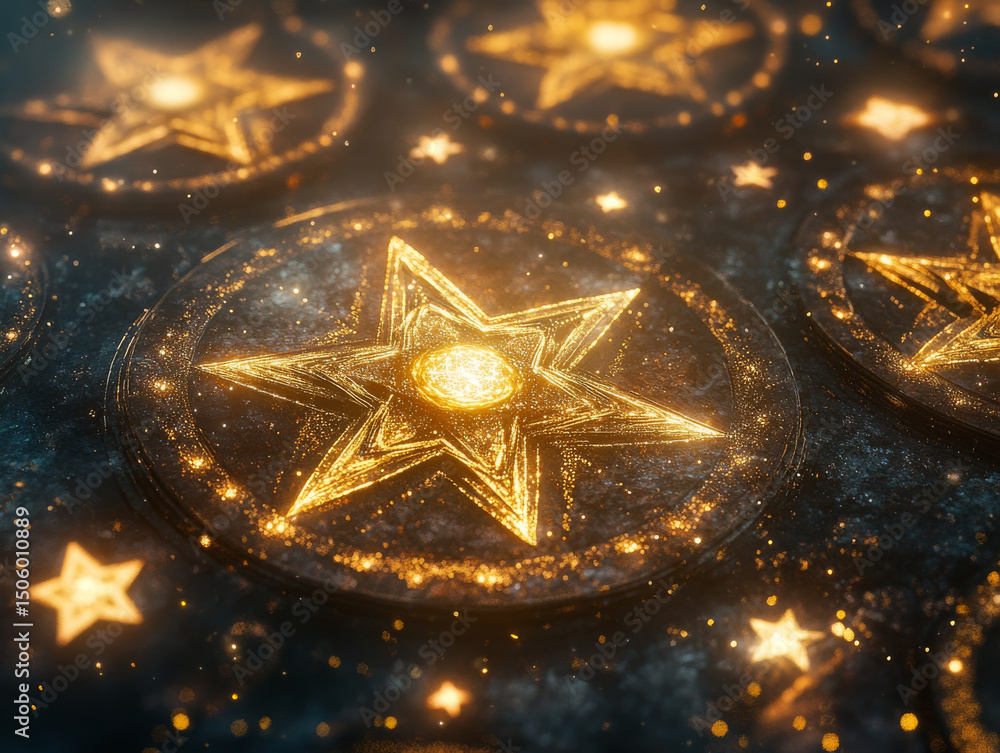 Poster mesmerizing digital artwork featuring glowing golden stars arranged circular pattern, surrounded by 