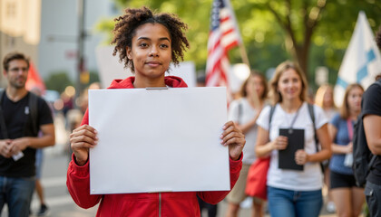 Young woman holding blank sign while participating in protest march  
