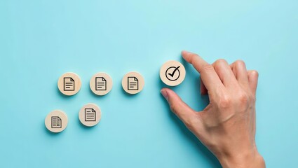 Quality control and certification process concept. A hand places wooden block with checkmark icon in step-by-step symbolizing process of document review, checklist, approval, and quality certificate.