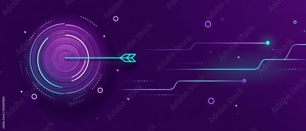 Poster visually striking digital illustration featuring dart arrow striking target, surrounded by vibrant p
