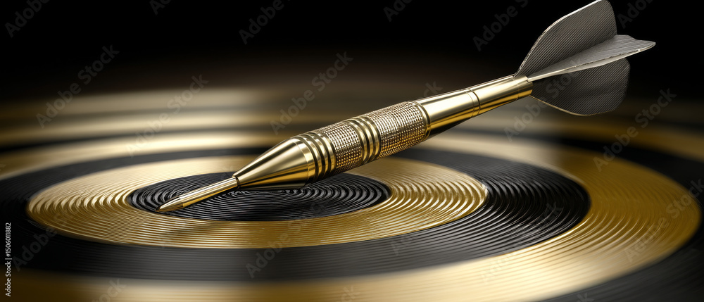 Poster golden dart rests on black and gold target, symbolizing precision and focus. sleek design of dart hi