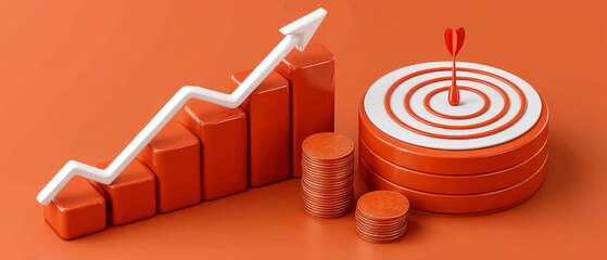 Visually striking image depicting growth chart with upward trend, target with heart, and stacks of coins, symbolizing financial success and love for achievement