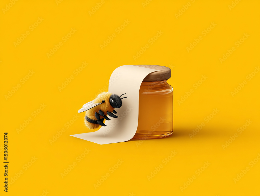 Poster charming bee interacts with jar of honey, showcasing playful scene against vibrant yellow background