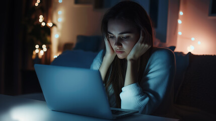 Young European woman working late at night on a laptop with string lights in the background. Focused, pensive mood in a cozy indoor setting.