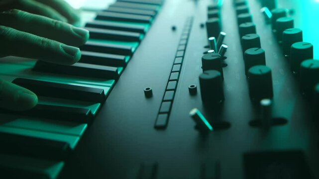 Synthesizer musician crafting electronic sounds, hands manipulating analog keys and knobs under dramatic teal illumination, exploring musical creativity in professional studio setting