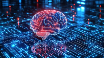 Digital representation of a human brain on a circuit board.