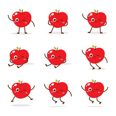 Cute Smiling Red Apple Character. Kawaii Red Fruit Mascot Style Vector. Cute vector character set in various action emotions. Collection symbols isolated on a white background